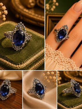 Vintage-Style Silver Ring with Deep Blue Oval Stone